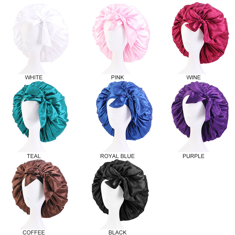 New Large Satin Bonnet Silk Night Sleeping Cap Long Satin Bonnet With Head Tie Band Bonnet Edge Wrap For Women 